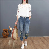 Vintage Embroidery Casual Floral Denim Trousers Ripped Harem Jeans Mssza
