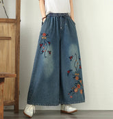 Vintage Embroidery Elastic Waist Thin Denim Wide Leg Pants Mssza