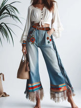 Vintage Floral Embroidery Tassel Pockets High Waist Wide Leg Ethnic Denim Pants Mssza