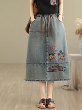 Vintage Flowers Embroidered Denim Elastic Waist Casual Retro Loose Midi Jeans Skirt Mssza