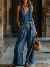 Vintage Inspired V-Neck Button Front Adjustable Belt Wide-Leg Pant Style Denim Jumpsuit Mssza