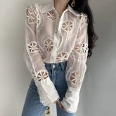 Vintage Long Sleeve Hollow Floral Embroidery Loose Shirt Mssza