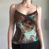 Vintage Printed Lace Patchwork Camisoles Casual Spaghetti Strap Slim Fit Tank Tops Mssza