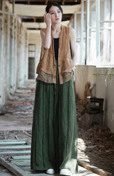 Vintage Solid Color High Quality Cotton Linen Elastic Waist Wide Leg Pants Mssza