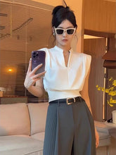 Vintage V-neck Sleeveless Shirts Temperament Solid Color Crop Blouse Tops Mssza