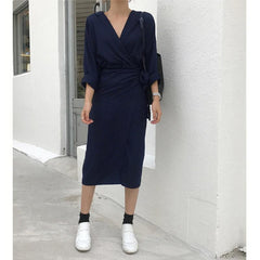 v neck front split tie waist dress Mssaz Desses