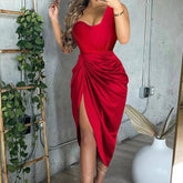 Wedding Guest For Solid Color Side Slit Smocked One Shoulder Evening Casual Party Midi Dress Mssaz Desses