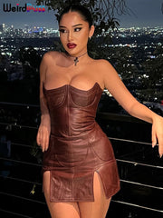 Weird Puss Backless Dress Split Faux Leather Trend Skinny Solid Coquette Mssaz Desses