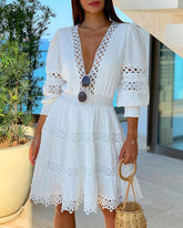 White Deep V Neck Lace Trim Dress Half Sleeve Hollow Out Dress Summer Mssaz Desses