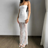 White Lace Patchwork Sleeveless Slim Charming Stylish Maxi Dress Mssaz Desses