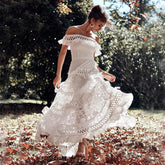 White Prom Dresses Lace Off Shoulder Ruffles Midi Dresses Mssaz Desses