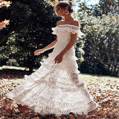 White Prom Dresses Lace Off Shoulder Ruffles Midi Dresses Mssaz Desses