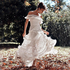 White Prom Dresses Lace Off Shoulder Ruffles Midi Dresses Mssaz Desses