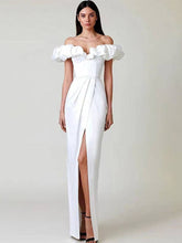 One-Shoulder Puff Sleeve Wrap Chest Slit Long Dress Mssaz Desses