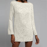 Sequins Party O Neck Long Sleeve Prom Solid Color Straight Short Spring Autumn Dress Mssaz Desses