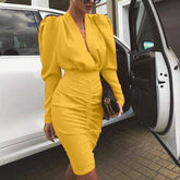 Leg-of-Mutton Sleeve Plunge Party Dress Slim Waist Ruched Bodycon Dress Solid Yellow Red Black Robe Femme Mssaz Desses