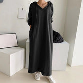 Solid Loose V Neck Casual Hooded Long Sleeve Drawstring Autumn Ladies Knee Length Dress Mssaz Desses
