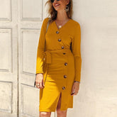 Long Sleeve V Neck Button Midi Dress Autumn Winter Knitted Dress Elegant OL Workwear Streetwear Bodycon Vestidos Mujer Mssaz Desses