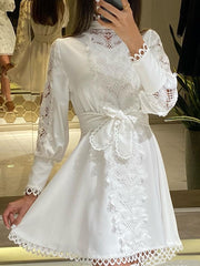White Lace Hook Flower Hollow Patchwork Boho Long Sleeve Dresses Wedding Party Mssaz Desses