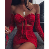 Off Shoulder Glitter Dress Long Sleeve Solid Party Strapless Mini Dresses Bust Tied Bodycon Ruched Dresses Vestidos Mssaz Desses