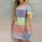 Off Shoulder Mini Dress Short Sleeve Bow Tie Striped Plaid Floral Vestidos Mssaz Desses