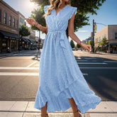 Clothing Free Shipping Sleeve Wrap V Neck Ruffle Dot Ruffle Slit Flowy Boho Dress Mssaz Desses