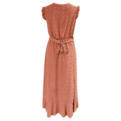 Clothing Free Shipping Sleeve Wrap V Neck Ruffle Dot Ruffle Slit Flowy Boho Dress Mssaz Desses