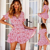 Short Sleeve V-Neck Wrap Boho Floral Mini Dress Ladies High Waist Holiday Beach Sundress Mssaz Desses