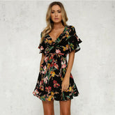 Short Sleeve Wrap Boho Floral Mini Dress Ladies Party Beach Casual V-Neck Short Sundress Holiday Mssaz Desses