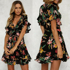 Short Sleeve Wrap Boho Floral Mini Dress Ladies Party Beach Casual V-Neck Short Sundress Holiday Mssaz Desses