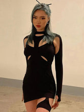 New Solid Black Stretch Slim Hollow Out Spring Casual High Street Cut Out Dress Mssaz Desses