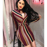 Stripe O-Neck Long Sleeve Bodycon Evening Party Backless Short Mini Dress Mix Color Striped Dress Mssaz Desses