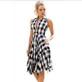 Casual Dress OL Ladies Sleeveless Plaid Shirt Dress Elegant Party Pleated Irregular Dress Lady Clothes Mssaz Desses