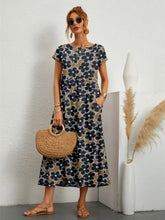 Style Short Sleeve Print O-neck Fold with Pockets Midi Dress Mssaz Desses