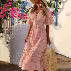 Sweet V Neck Hollow Out Single-Breasted Lace Long Dress Mssaz Desses