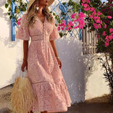 Sweet V Neck Hollow Out Single-Breasted Lace Long Dress Mssaz Desses