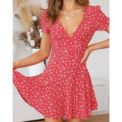 V-Neck High Waist Slim Fit Flared A-Line Mini Dress Mssaz Desses