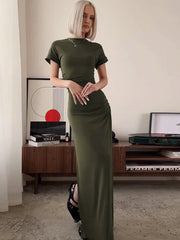 O Neck Short Sleeve Slim High Waist Shirring Side Slit Evening Club Bodycon Lady Casual Dress Mssaz Desses