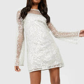 Sequined See Through Mesh Long Sleeve Mini Solid Color Elegant Short Female Party Club Dress Mssaz Desses