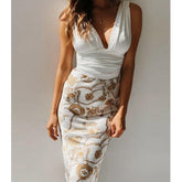 Deep V Neck Ruched Floral Patch Midi Dress 2019 Ladies Sleeveless Bodycon Evening Party Pencil Dress Mssaz Desses