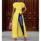 XXL Plus size high split long dress Solid color short sleeve casual loose dress Elegant streetwear robe femme Mssaz Desses