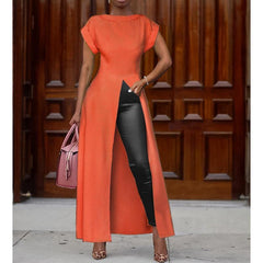 XXL Plus size high split long dress Solid color short sleeve casual loose dress Elegant streetwear robe femme Mssaz Desses