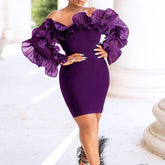 XXL Ruffles Shoulder Bodycon Dress Solif Color Elegant Long Sleeve Party Dress Mssaz Desses