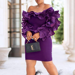 XXL Ruffles Shoulder Bodycon Dress Solif Color Elegant Long Sleeve Party Dress Mssaz Desses