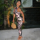 Zebra Print Cutout Sleeveless Hollow Out One Piece Bodycon Jumpsuit Mssza