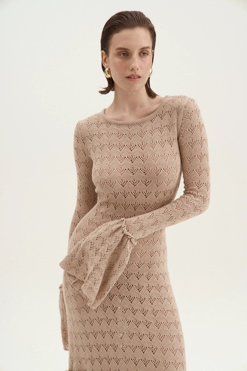 Anna Round Neck Flared Cuff Knitted Maxi Dress Mssaz Desses