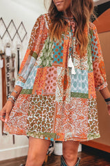 Orange Boho Paisley Mixed Print 3/4 Sleeve Chiffon Loose Dress Mssaz Desses