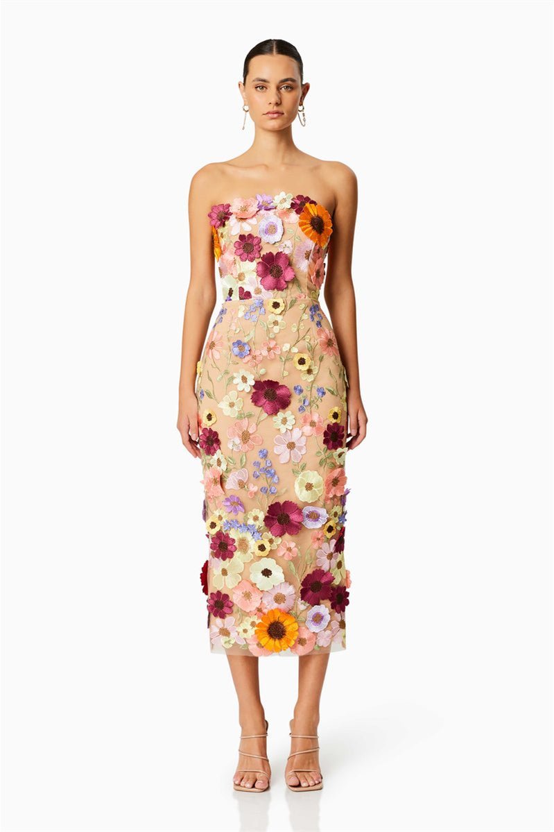 Belle Embroidered Floral Strapless Midi Dress Mssaz Desses