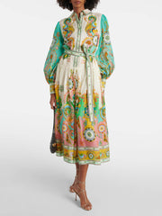 Unique Exquisite Print Puff Sleeve Tie Midi Dress Mssaz Desses