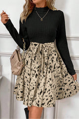 Black Ribbed Knit Patchwork Printed Belted A-line Dress Mssaz Desses